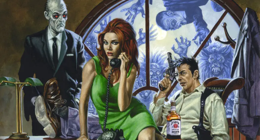 Cal Sits behind his desk with a lovely woman in front of him on the phone and a zombie beside him