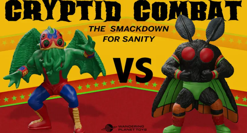 Cthulhu and Mothman wrestling figures in combat attire